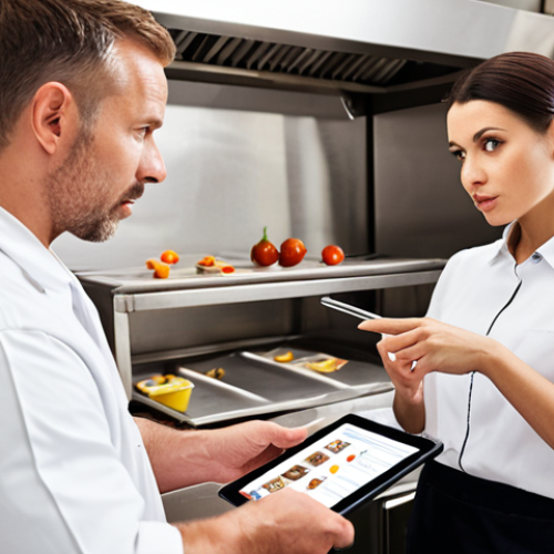 **Image Prompt:** A confident food safety inspector in a clean, modern commercial kitchen, pointing to a checklist with a tablet in hand, while calmly but firmly discussing findings with a concerned-looking restaurant manager. The overall feel should be professional and communicative, emphasizing the inspector's expertise and the manager's willingness to improve.