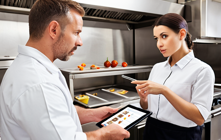 **Image Prompt:** A confident food safety inspector in a clean, modern commercial kitchen, pointing to a checklist with a tablet in hand, while calmly but firmly discussing findings with a concerned-looking restaurant manager. The overall feel should be professional and communicative, emphasizing the inspector's expertise and the manager's willingness to improve.