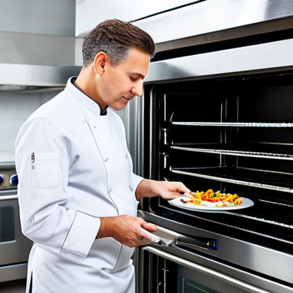 A professional chef, fully clothed in a crisp, clean white chef's uniform, carefully checking the internal temperature of a dish with a digital thermometer. They are standing beside a gleaming stainless steel commercial oven in a modern, spotless professional kitchen. The background shows organized shelves with cooking equipment. The scene is well-lit with bright, clean studio lighting. The image emphasizes perfect anatomy, correct proportions, well-formed hands, and a natural pose. This is a safe for work, appropriate content, family-friendly, high-quality professional photograph.