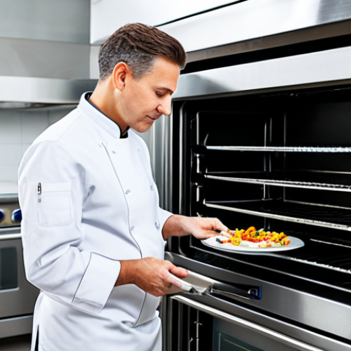 A professional chef, fully clothed in a crisp, clean white chef's uniform, carefully checking the internal temperature of a dish with a digital thermometer. They are standing beside a gleaming stainless steel commercial oven in a modern, spotless professional kitchen. The background shows organized shelves with cooking equipment. The scene is well-lit with bright, clean studio lighting. The image emphasizes perfect anatomy, correct proportions, well-formed hands, and a natural pose. This is a safe for work, appropriate content, family-friendly, high-quality professional photograph.