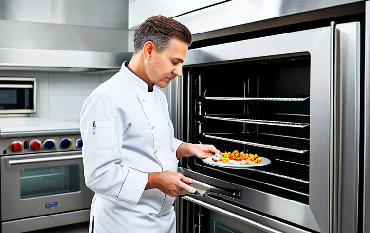 A professional chef, fully clothed in a crisp, clean white chef's uniform, carefully checking the internal temperature of a dish with a digital thermometer. They are standing beside a gleaming stainless steel commercial oven in a modern, spotless professional kitchen. The background shows organized shelves with cooking equipment. The scene is well-lit with bright, clean studio lighting. The image emphasizes perfect anatomy, correct proportions, well-formed hands, and a natural pose. This is a safe for work, appropriate content, family-friendly, high-quality professional photograph.