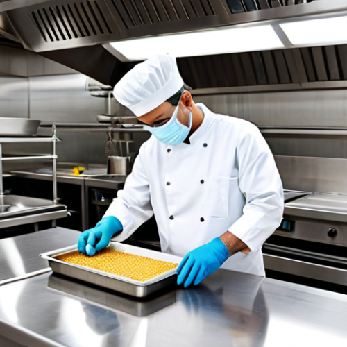 **

A food safety inspector in a bright, modern restaurant kitchen, fully clothed in appropriate inspection gear. He is examining a stainless steel surface, checking for cleanliness. The kitchen has gleaming equipment and organized food storage. Safe for work, appropriate content, professional, modest, perfect anatomy, natural proportions, well-formed hands.

**