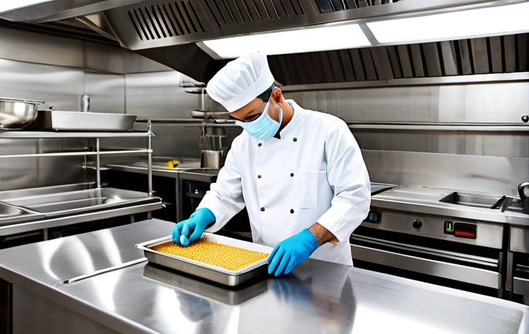 **

A food safety inspector in a bright, modern restaurant kitchen, fully clothed in appropriate inspection gear. He is examining a stainless steel surface, checking for cleanliness. The kitchen has gleaming equipment and organized food storage. Safe for work, appropriate content, professional, modest, perfect anatomy, natural proportions, well-formed hands.

**