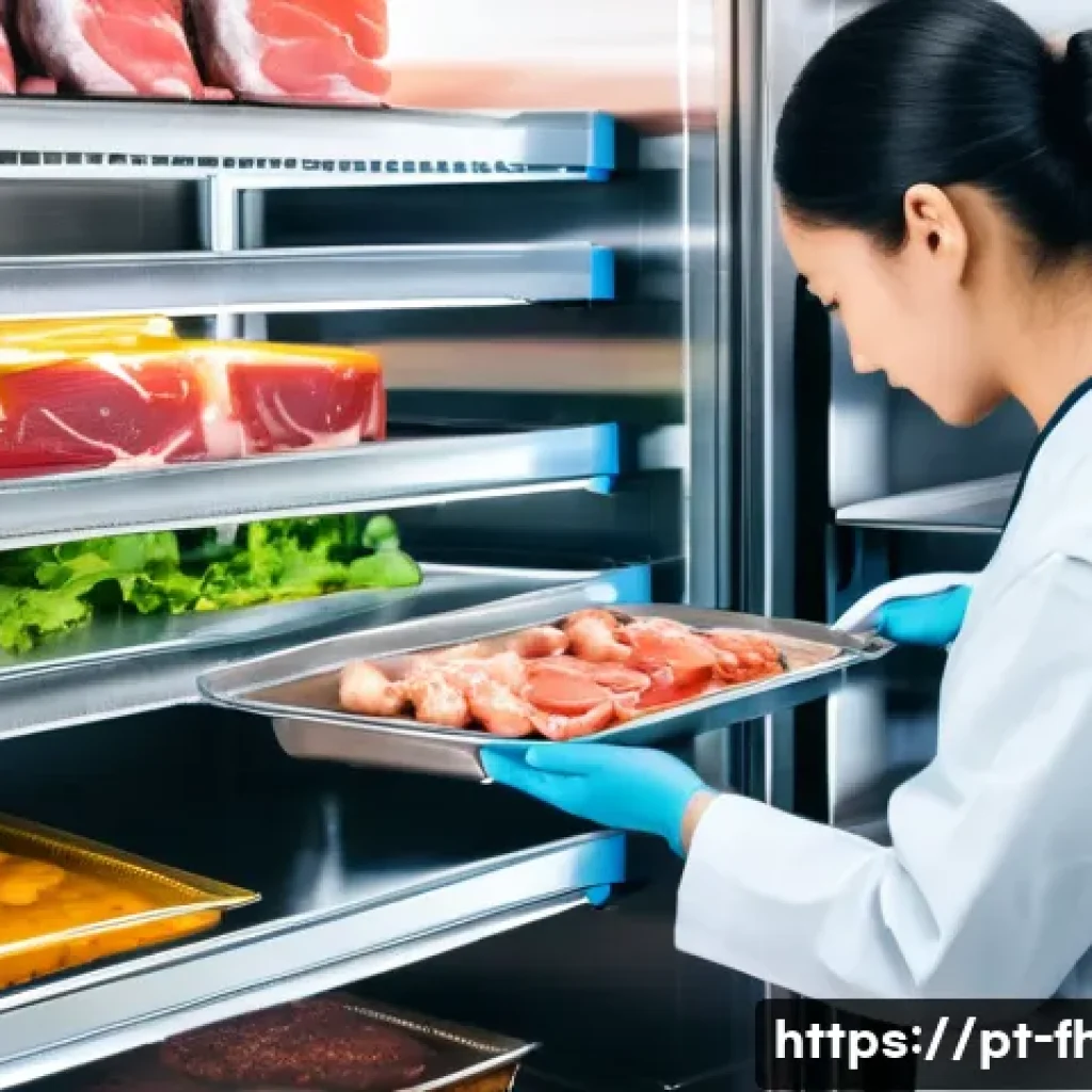 식품위생 점검 시 자주 발생하는 문제 - A professional commercial kitchen scene focusing on organized food storage inside a large refrigerat...