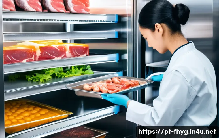 식품위생 점검 시 자주 발생하는 문제 - A professional commercial kitchen scene focusing on organized food storage inside a large refrigerat...