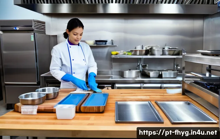식품위생 실습 시험장에서의 경험담 - A clean and organized professional kitchen workstation for food safety exam preparation, featuring a...