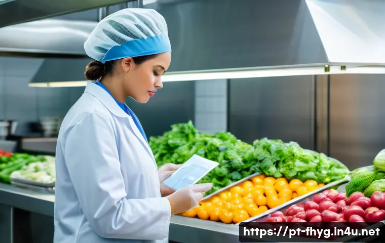 식품위생관리사 자격증 난이도 분석 - A professional food safety manager in a modern Brazilian commercial kitchen, wearing a clean white l...