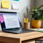 Home 19 식품위생관리사 자격증 효율적인 독학법 - A bright, organized study corner in a modern Brazilian home, featuring a clean wooden desk with neat...