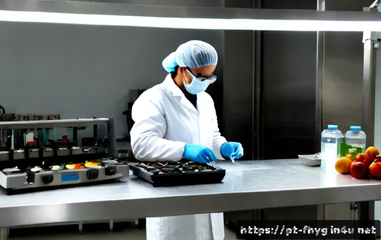 식품위생관리사와 관련된 산업 동향 - Photorealistic modern food safety laboratory in Portugal, a middle-aged food hygiene specialist in c...